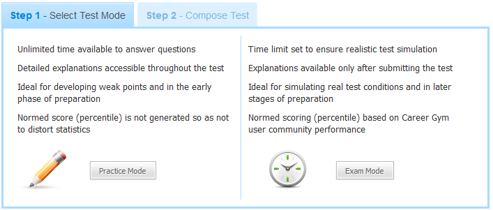 Select the test mode for your EPSO simulation
